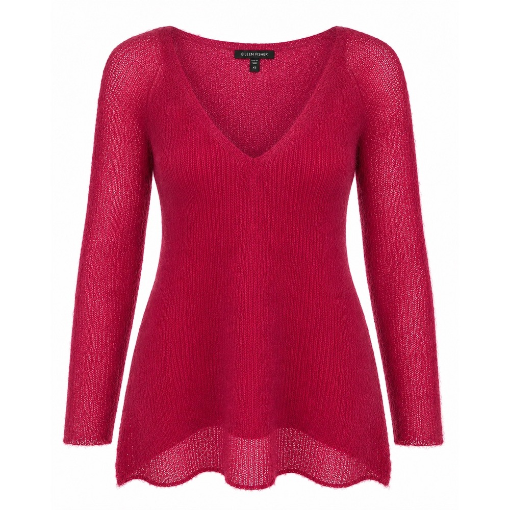 Eileen Fisher Washed Mohair Knit Sweater Pink Wool Blend V-Neck High Low XS